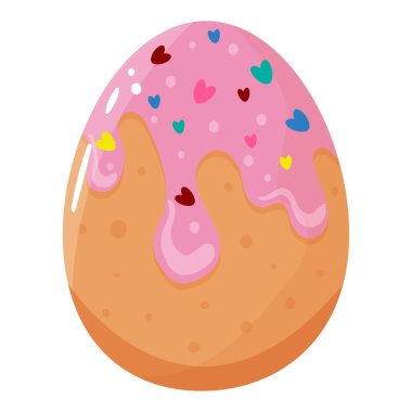 design of easter chicken egg decorated with easter cupcake with pink frosting and colored sprinkles in the shape of hearts, design element, banner or poster clipart