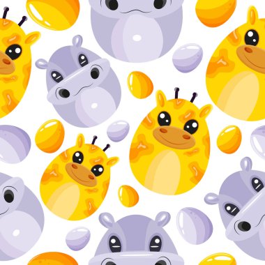 Easter seamless pattern with decorated eggs with orange giraffes and hoppi and orange, purple eggs for holiday poster, textile or wrapping clipart