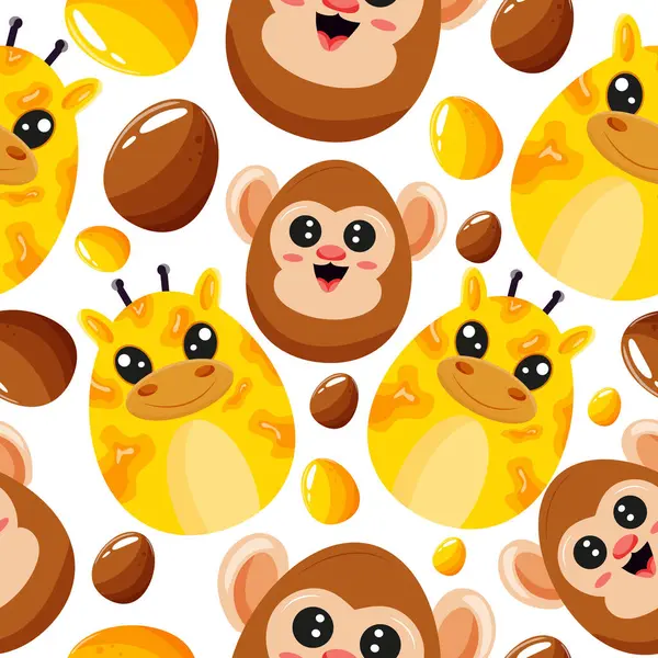 Süslü yumurtalarla turuncu zürafalar, kahverengi maymun ve turuncu, tatil posteri, tekstil veya ambalaj için kahverengi yumurtalar.