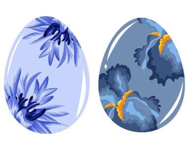 set of Easter egg templates painted with floral motifs, namely open blue irises and blue cornflowers on a blue background, for drawing, for posters or banners clipart