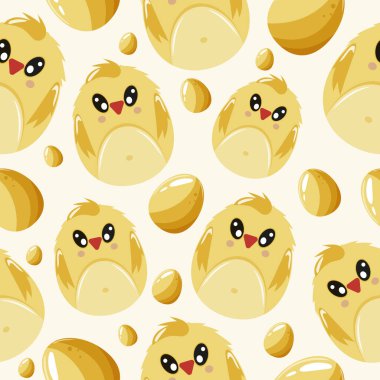 Tatil posterleri, tekstil ve ambalajlar için sarı yumurtalar, sarı tavuklar ve sarı yumurtalarla süslenmiş paskalya pürüzsüz desenleri.