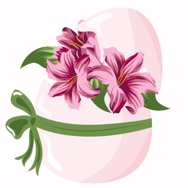 original design of a pink Easter egg, namely the egg shell is filled with garden, pink lilies for posters, advertisements or banners clipart