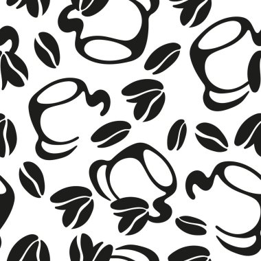 seamless pattern with round cup logo and coffee beans placed randomly, for different packaging, textile or different designs clipart