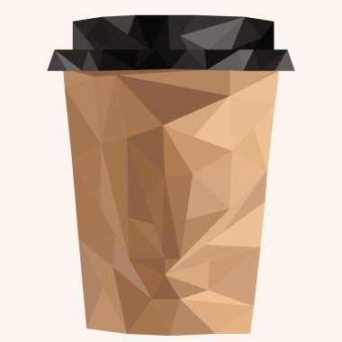 Farklı boyutlarda, düşük polimerli üçgenlerden yapılmış sıcak bir içecekle el sanatları bardağı tasviri.