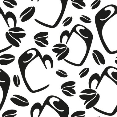 Farklı ambalajlar, tekstil ya da farklı tasarımlar için rastgele yerleştirilmiş uzun dikdörtgen bir fincanın ve kahve çekirdeklerinin izleriyle kusursuz desenler.