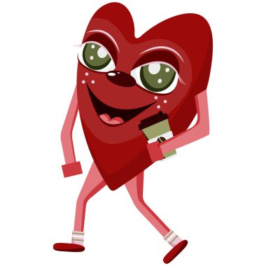 Sevgililer Günü karakteri, yani elinde bir fincan kahve tutan yeşil gözlü kırmızı kalp. Tatil dekorları, posterler ve afişler için.