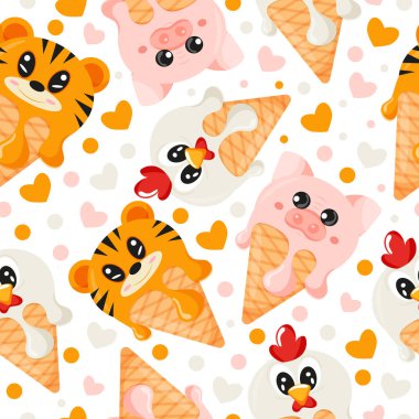 Pasta külahında domuz, horoz ve kaplan suratlı çeşitli dondurma katmanları olan kusursuz bir kalıp. Paketleme, reklam ve tasarım için.