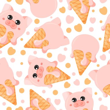 Pembe dondurma ve hayvan desenli külahlı kusursuz desen, yani domuz suratlı ve waffle külahlı, tasarım, ambalaj veya reklam amaçlı.