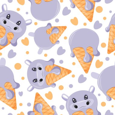 Dondurma ve hayvan desenli külahlı kusursuz desen, yani su aygırı yüzü ve waffle konisi, tasarım, ambalaj veya reklam amaçlı.