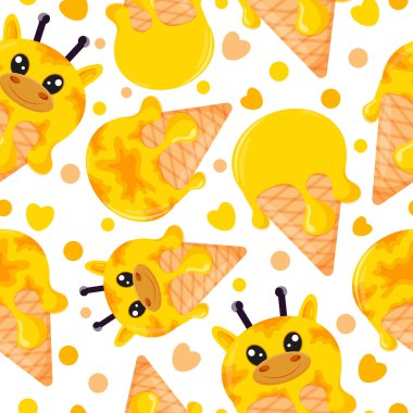 Portakallı dondurma külahları ve hayvan desenli kusursuz desen, yani zürafa yüzü ve waffle konisi, tasarım, ambalaj veya reklam amaçlı.