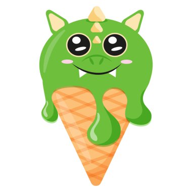 Yeşil dondurma ve hayvan desenli koni, yani ejderha suratlı ve gözleme külahlı, tasarım, ambalaj veya reklam amaçlı.
