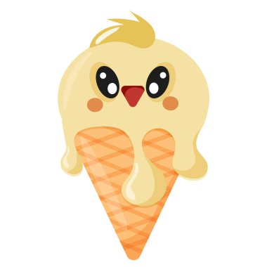 Sarı dondurma ve hayvan desenli koni, yani tavuk suratlı ve waffle külahlı, tasarım, ambalaj veya reklam amaçlı.