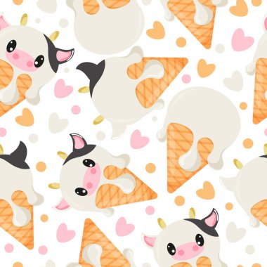 Paketleme, reklam veya tasarım için gözleme külahında inek yüzlü çeşitli dondurma katmanları ile kusursuz desen