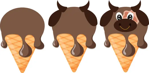 Kahverengi dondurma ve hayvan desenli külahlar, yani boğa suratlı ve waffle külahlı, tasarım, ambalaj veya reklam amaçlı.