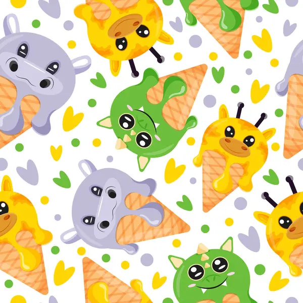 Paketleme, reklam veya tasarım için waffle külahında çeşitli katmanlı dondurma, ejderha ve zürafa yüzleri olan kusursuz desen.