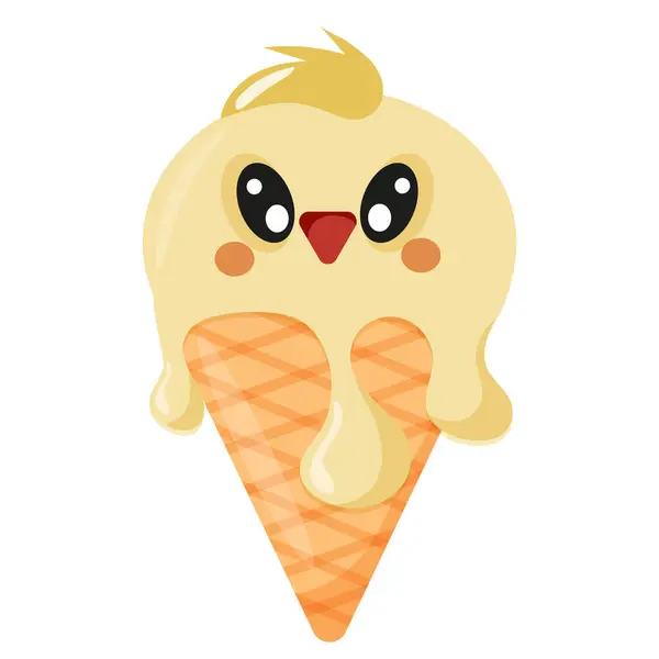 Sarı dondurma ve hayvan desenli koni, yani tavuk suratlı ve waffle külahlı, tasarım, ambalaj veya reklam amaçlı.