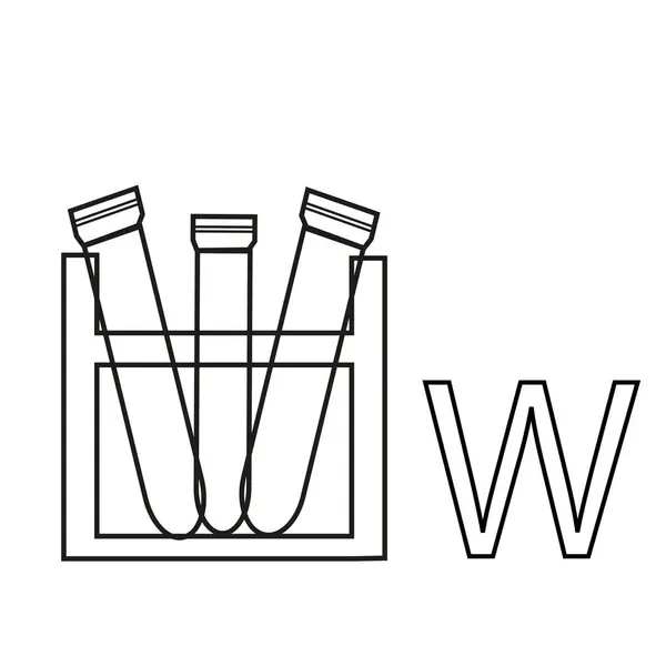 Tıbbi test tüpleri şeklinde harf tasarımı. Tahta bir stantta, W şeklinde katlanmış, sanat tarzında çizilmiş.