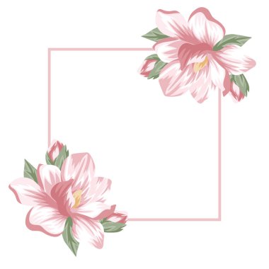 Karenin her iki tarafında açık pembe manolyalar, kartlar, davetiyeler ya da afişler olan kare çerçeveli neşeli, kavramsal bir poster.