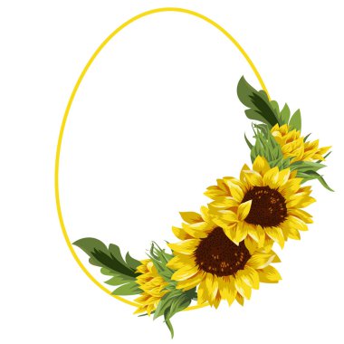 Bayramlık Paskalya dekoru, yani açık sarı ayçiçeği tomurcukları, kapalı ayçiçeği tomurcukları ve sarı çizgili yuvarlak yumurta şeklinde bir çerçeve.