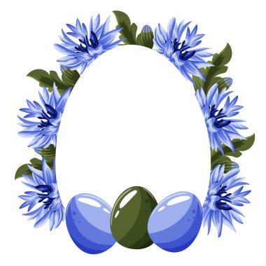 floral Easter frame with open buds of blue cornflowers, green leaves and multicolored eggs on a white background, for holiday cards, banners or posters clipart