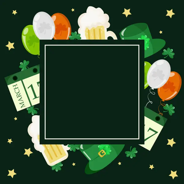St. Patrick Günü için kare çerçeve, tematik unsurlardan oluşur, yani bir bardak bira, balonlar, yoncalar ve koyu yeşil arka planda bir takvim.