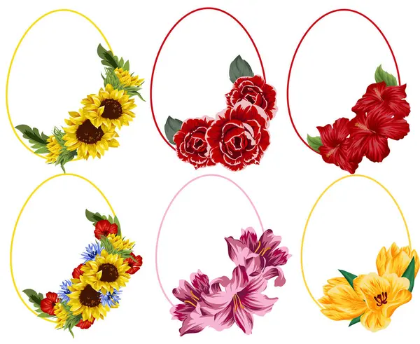 Çeşitli çiçek ve yeşil yapraklardan oluşan açık tomurcuklar ve renkli bir hatla çizilmiş yuvarlak yumurta şeklindeki çerçeve.