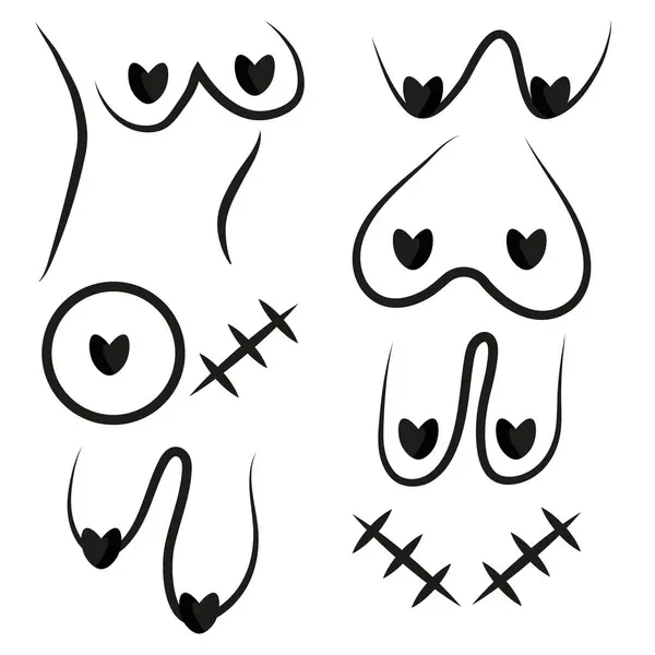 Çeşitli kadın göğüsleri, yani sarkık göğüsler, ameliyat izleri ve siyah çizgili kabarık göğüsler, tasarımlar, posterler ve afişler için.