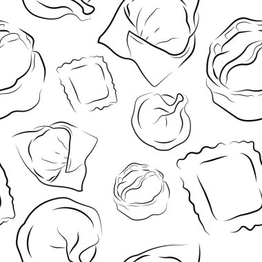 Çeşitli şekillerde ve farklı şekillerde ravioli ile kusursuz desen ve çeşitli tasarımlar ve ambalajlar için rastgele yerleştirilmiş farklı hatlar.