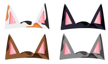 Çeşitli kedi kulakları olan ikonlar, yani gri, siyah, benekli ve kahverengi kedi kulakları, kedi günü için, çeşitli tasarımlar, posterler ve afişler için