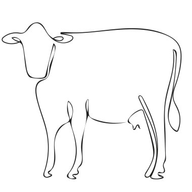Bir süt ineğinin minimalist çizimi düz ve kenar bir çizgi ile çizilmiş, logolar, dekorlar veya posterler için