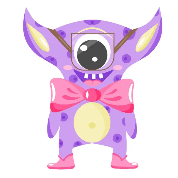 Bir gözü gözlüklü, pembe yay ve pembe çizmeli mor bir canavar imajında kurgusal bir karakter. Çocuklar için, tasarım, ambalaj veya tekstil için bir karakter.