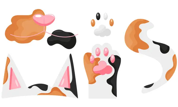 Benekli bir kedinin parçalarına sahip ikonlar, yani kulaklar, kuyruk, pençeler ve yüz, kedi günü için ikonlar, çeşitli tasarımlar, desenler veya ambalajlar için