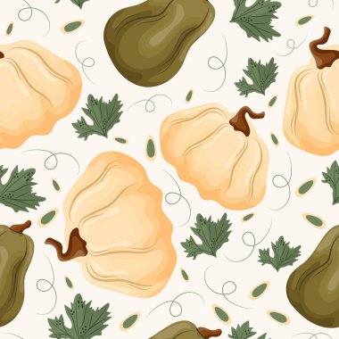 İki tip yuvarlak ve uzun balkabağı ve beyaz ve yeşil renkli balkabağı tohumları ve hafif arkaplanda yaprakları olan kusursuz sonbahar deseni.