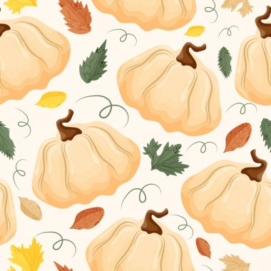 seamless autumn pattern with light round pumpkins with autumn various leaves and pumpkin leaves on a light background, vector clipart