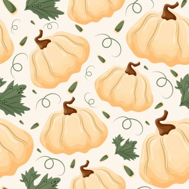 Kabak çekirdeği ve balkabağı yapraklı hafif balkabaklarıyla kusursuz sonbahar deseni.