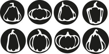 Farklı şekil ve boyutlardaki kabakların çeşitli hatları olan siyah çıkartmalar, vektör