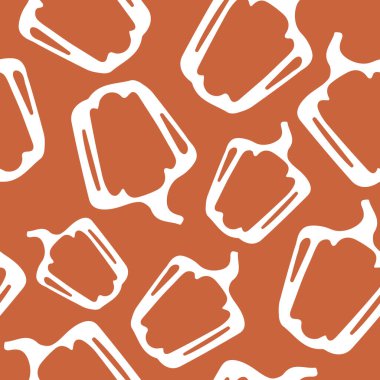 Turuncu bir arkaplan üzerine kaotik bir şekilde konturun çizdiği yuvarlak kabaklarla kusursuz sonbahar şablonu.