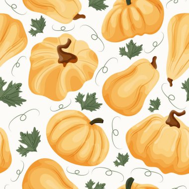 Yuvarlak, uzun ve dışbükey kabak şekilli sarı renkli ve balkabağı yapraklı pürüzsüz desen açık arkaplanda, vektör