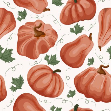 Yuvarlak uzun balkabakları ile sonbahar deseni ve kırmızı renk dışbükey şekil ve ışık arka planda balkabağı yaprakları, vektör