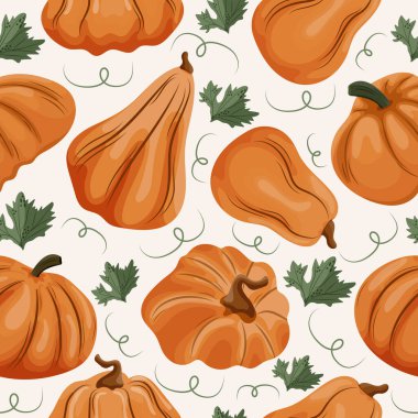 Yuvarlak, turuncu ve balkabağı şekilli balkabaklarıyla sonbahar pürüzsüz desen ve açık arkaplanda balkabağı yaprakları.