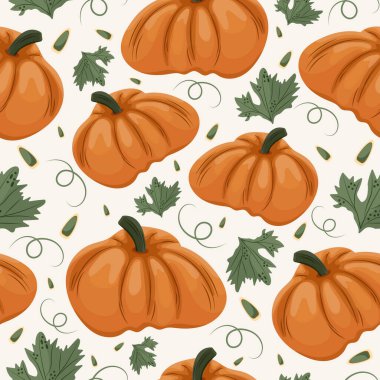 ... turuncu yuvarlak balkabakları, kabak çekirdekleri ve balkabağı yapraklarıyla kusursuz sonbahar şablonu.