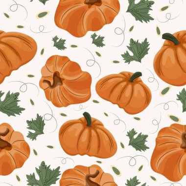 Kabak çekirdekli parlak turuncu balkabakları ve hafif arkaplanda yaprakları olan kusursuz sonbahar deseni.