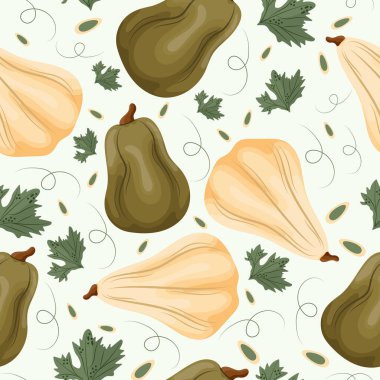 Kabak tohumları ve açık arkaplanda yaprakları olan yeşil ve beyaz renkli iki tip uzun balkabağı desenli kusursuz sonbahar deseni