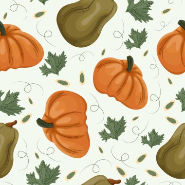 Yuvarlak turuncu balkabaklarıyla kusursuz sonbahar şablonu ve açık arkaplan üzerinde kabak çekirdeği ve yaprakları olan yeşil uzun balkabakları.