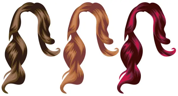 Karakterler ve çeşitli tasarımlar için farklı renkte kadınların uzun saçlarının şablonları.