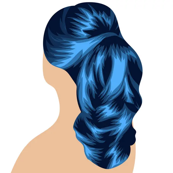Uzun mavi kadın saçının güzel saç stili at kuyruğu şeklinde, vektör illüstrasyonunda bir araya geldi.