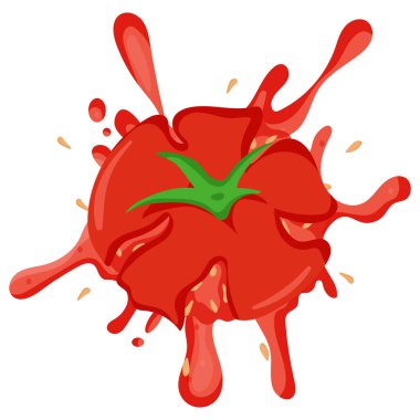 Ezilmiş kırmızı domates ikonu yeşil kuyruklu ve sarı tohumlu ve çeşitli soslar ve soslar için kırmızı noktalı.