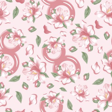 Manolya dizaynı ve pembe manolya tomurcukları ile 8 Mart tatili için rastgele dizilmiş sekiz pembe şekilli kusursuz desen.