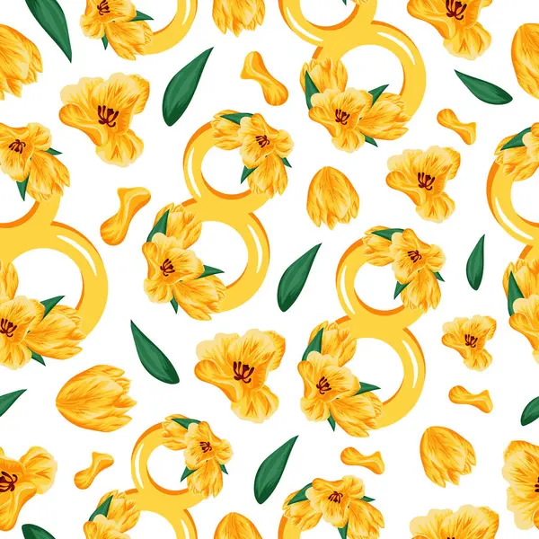 Lale tasarımı ve sarı lale tomurcukları ile sekiz Mart tatili için rastgele dizilmiş sarı sekiz figürlü kusursuz desenler.