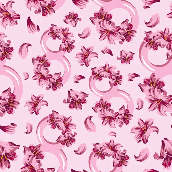 8 Mart tatili için pembemsi desenli pembe şekilli, zambak desenli ve pembe zambak tomurcukları gelişigüzel yerleştirilmiş pembe bir fırında.